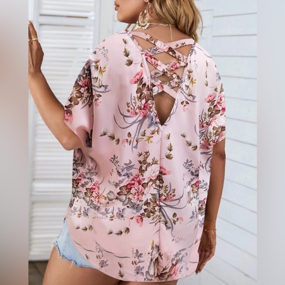 Plus Floral Print Crisscross Batwing Sleeve Blouse 1X